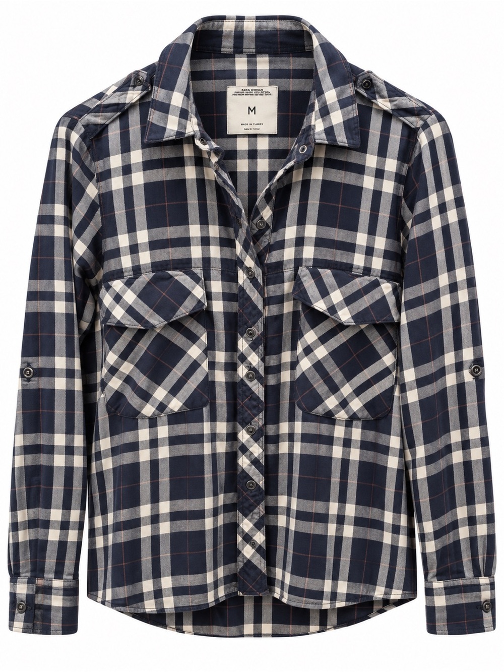 Plaid Button-Front Shirt Jacket - Navy and White Excellent Condition